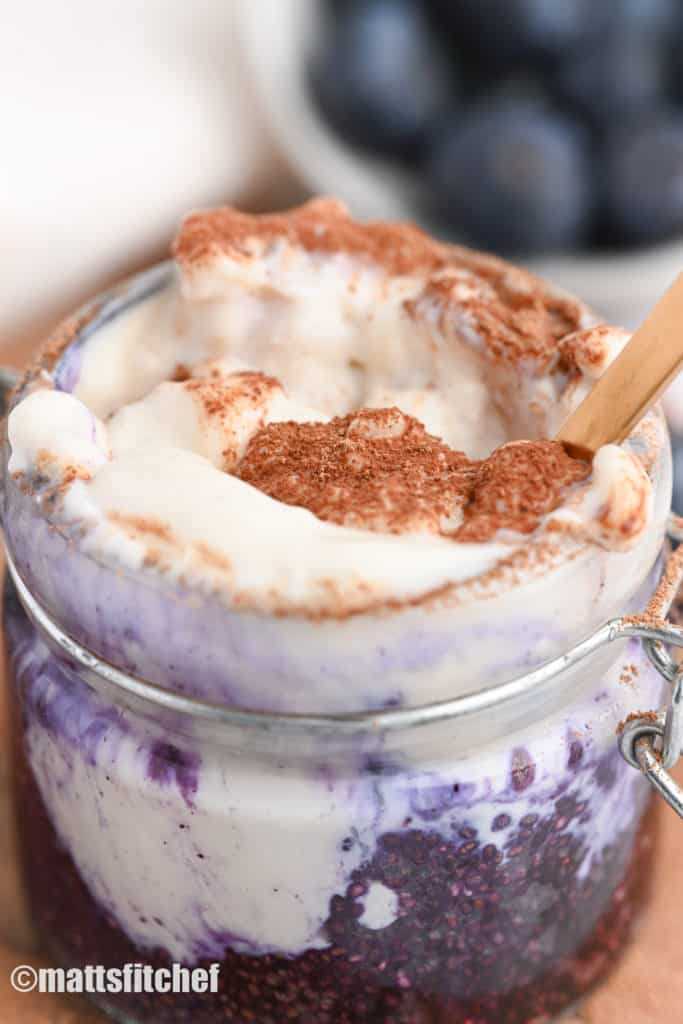 blueberry cheesecake chia pudding with Greek yogurt
