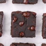 Sweet potato brownies with chocolate chips shown from the top