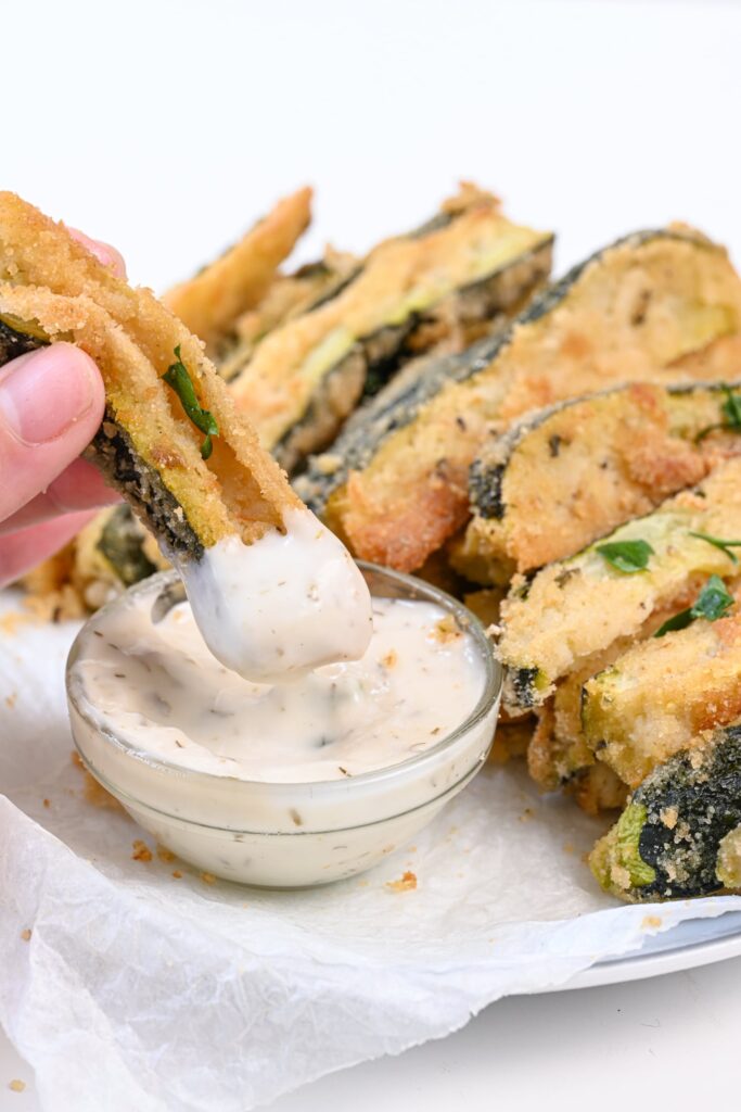 healthy zucchini fries in homemade Ranch dip