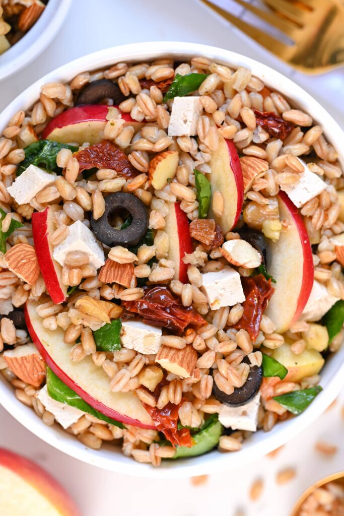 Mediterranean farro pasta salad with feta cheese