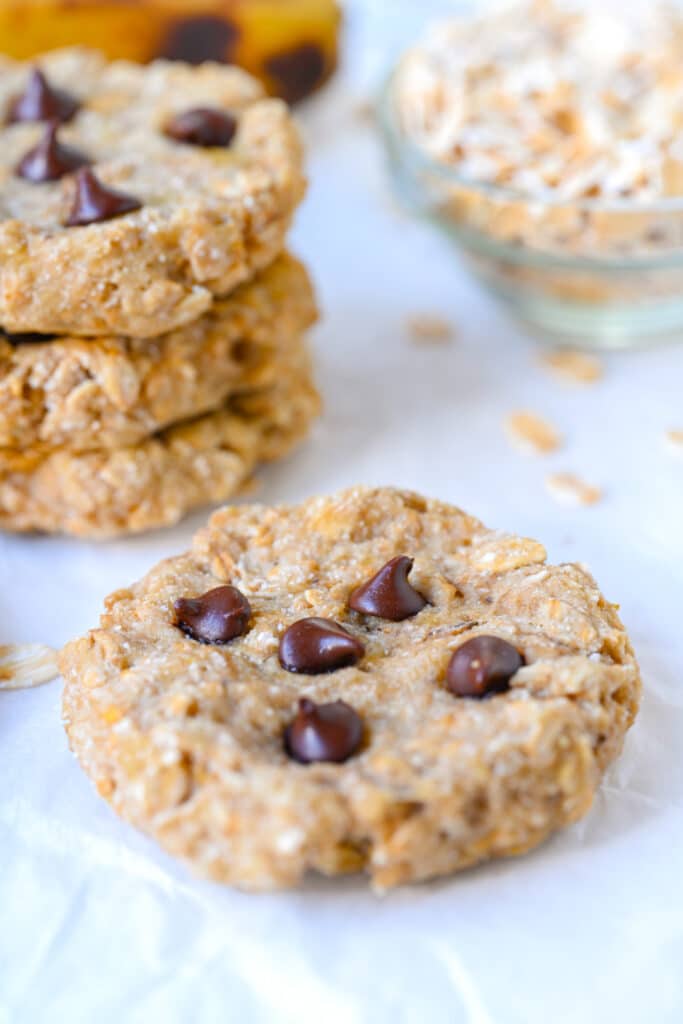 tower of healthy banana oat cookies with chocolate chips