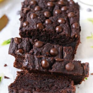 Healthy Chocolate Zucchini Bread in slices, with banana and oat flour