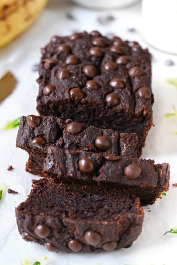 Healthy Chocolate Zucchini Bread in slices, with banana and oat flour