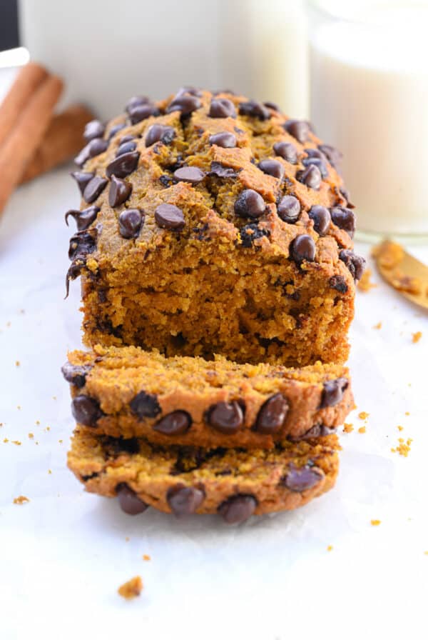 Homemade Pumpkin Chocolate Chip Loaf, sliced