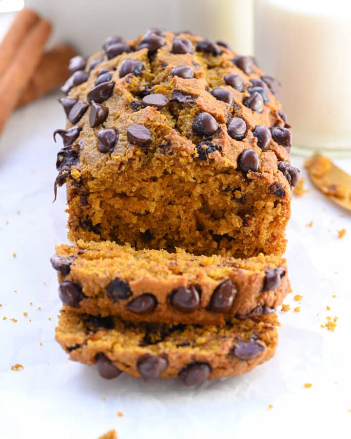 Homemade Pumpkin Chocolate Chip Loaf, sliced