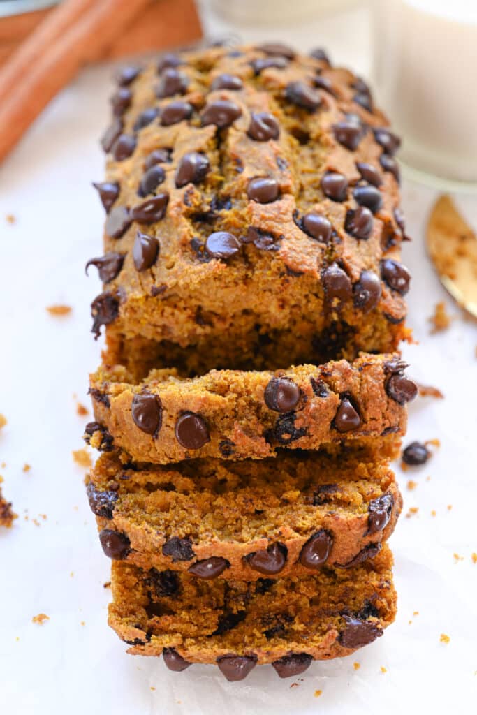 slices of moist pumpkin bread with chocolate chips, healthy and delicious