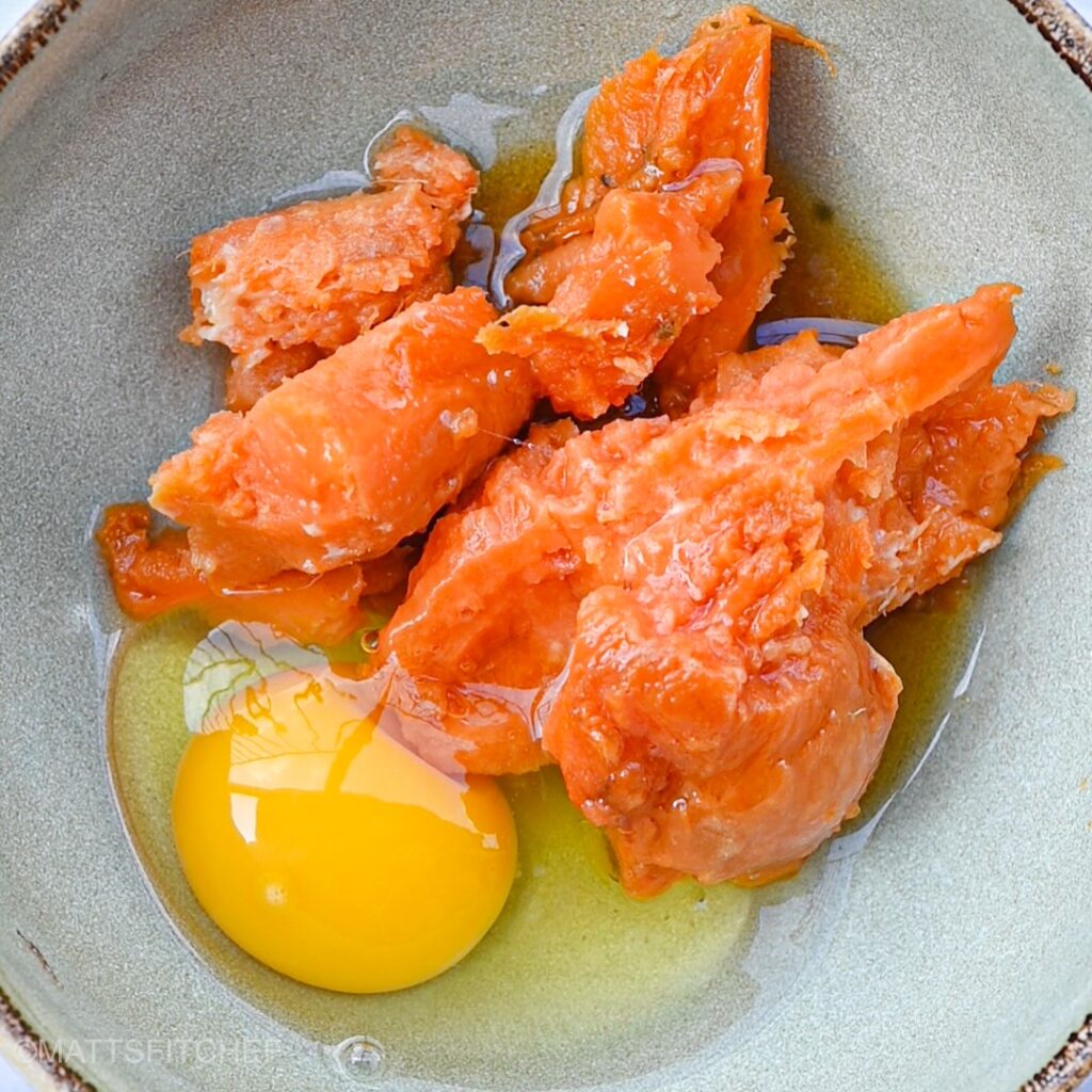 Add egg to sweet potatoes