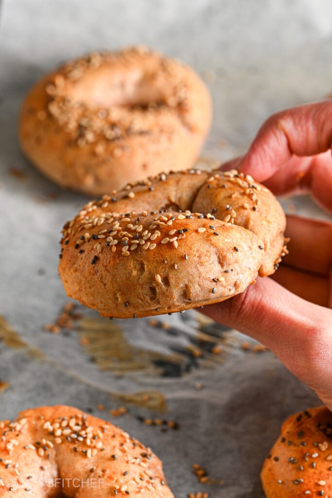 Showing soft and fluffy protein bagel texture