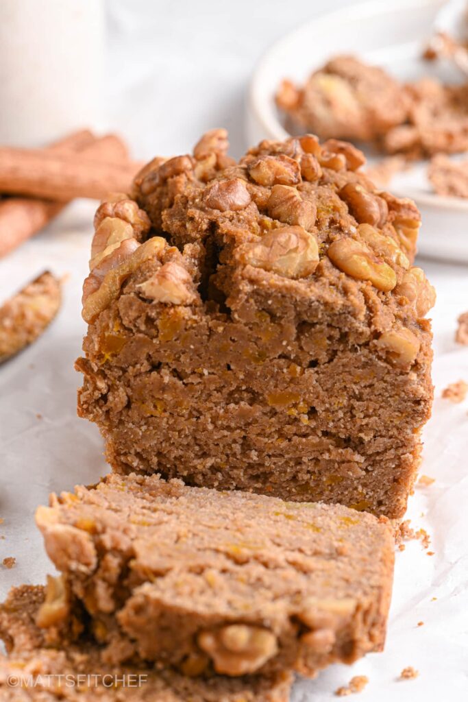 Sugar-free banana bread topped with walnuts