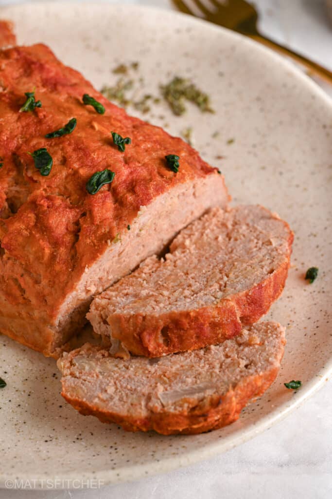 Turkey meatloaf cut into moist slices