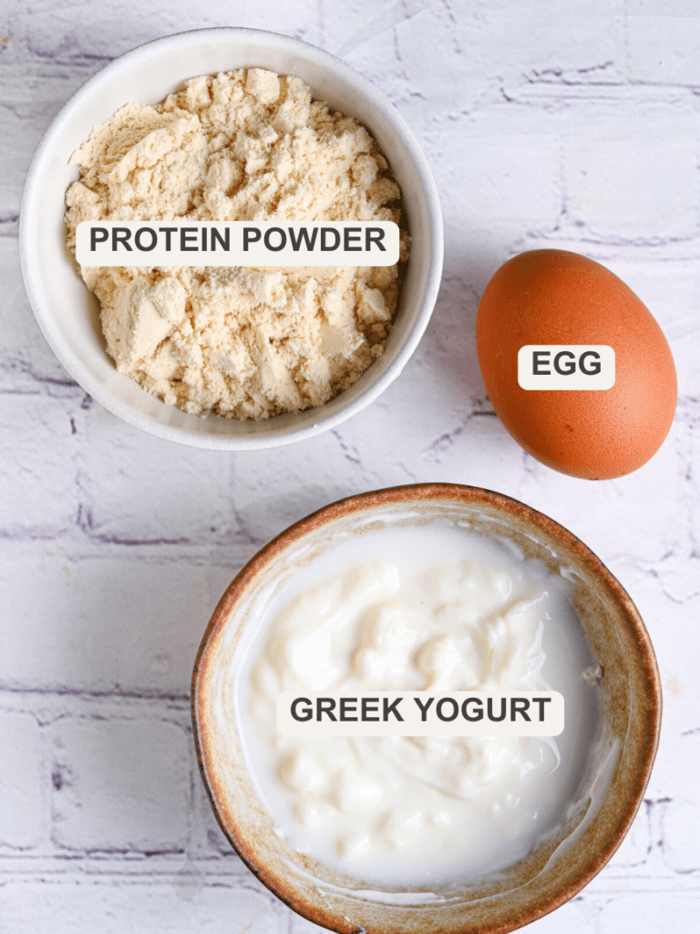 Ingredients for making pancakes with protein powder - protein powder, Greek yogurt and egg.