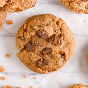 Soft and chewy homemade protein cookies with chocolate chips, perfect for a healthy high-protein snack.