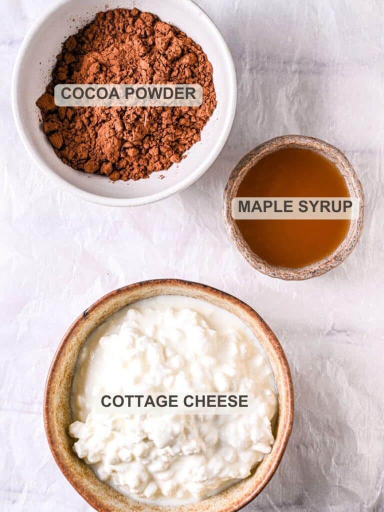 Cottage Cheese Ice Cream Ingredients - Cottage cheese, maple syrup and cocoa powder.