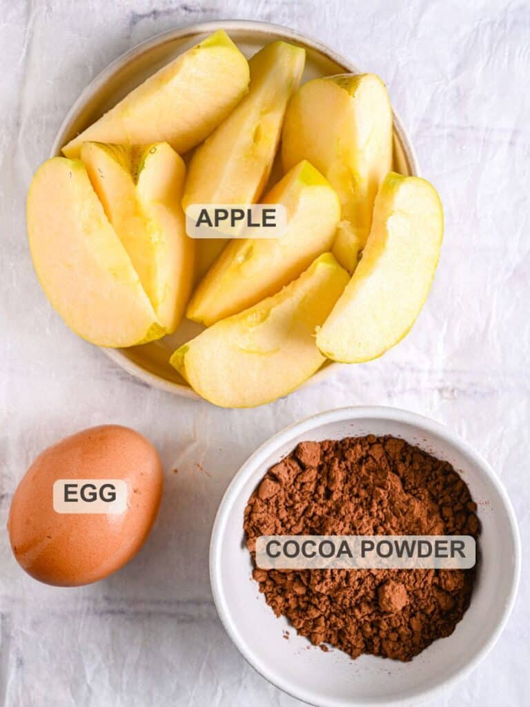 Healthy Mug Cake Ingredients – Apple, cocoa powder and egg.