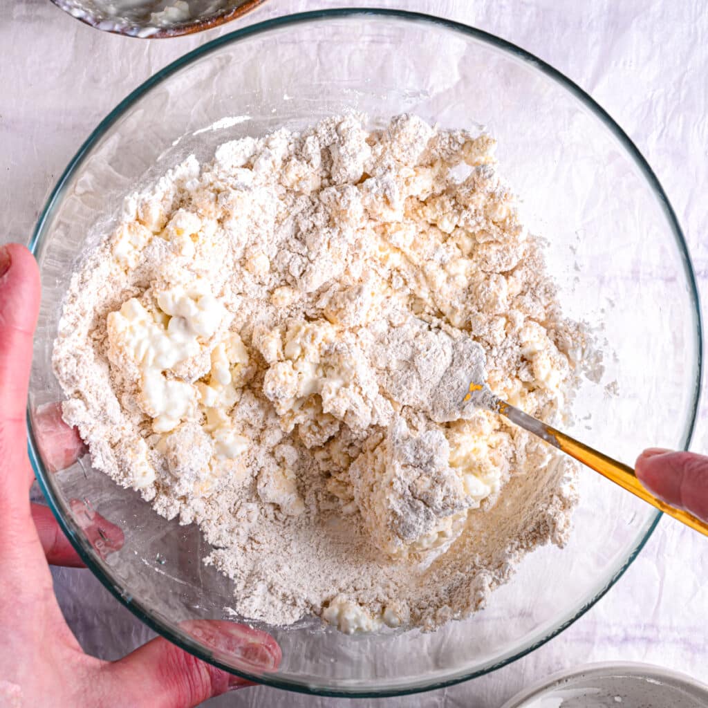 Mixing cottage cheese and whole wheat flour to form bagel dough.