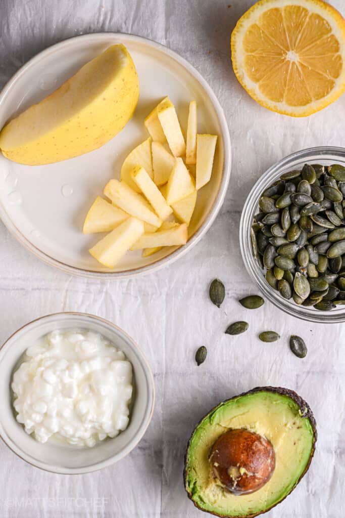 Lentil salad toppings and add-ins &ndash; apple, lemon, pumpkin seeds, cottage cheese, and avocado for protein-packed meal