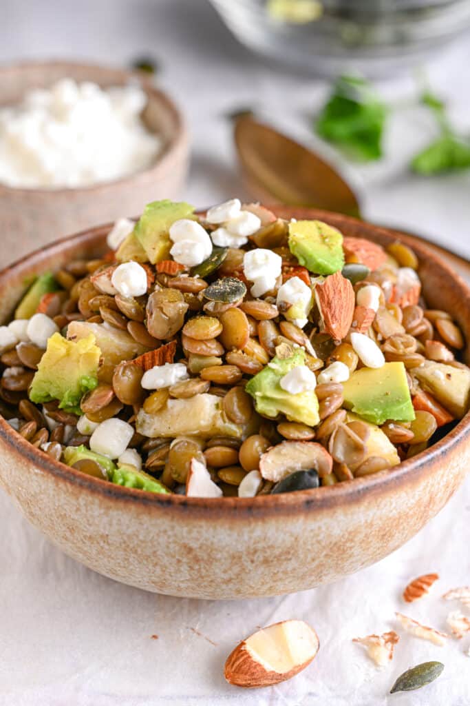 Close-up of healthy lentil salad with avocado, cottage cheese, almonds, and pumpkin seeds