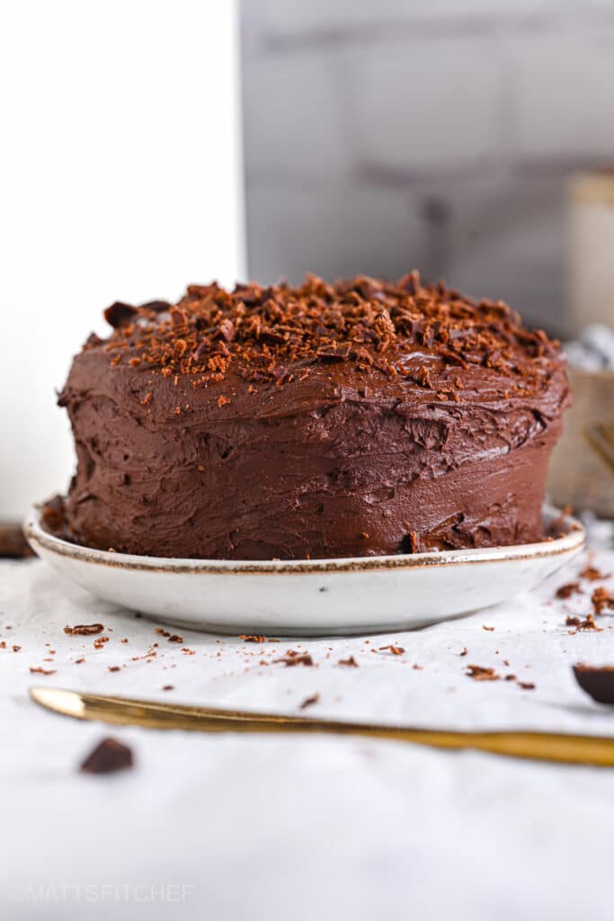 Close-up of a moist and fudgy sugar-free chocolate cake