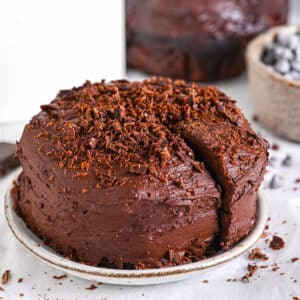A slice of sugar-free cake with chocolate frosting showing moist texture