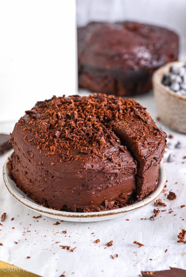 A slice of sugar-free cake with chocolate frosting showing moist texture