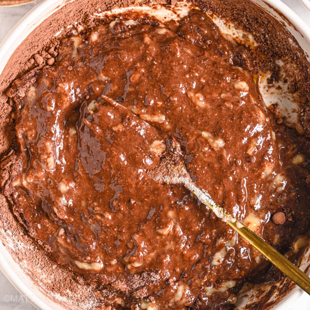 Mixing all ingredients to form a smooth chocolate batter