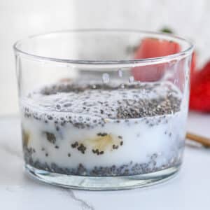 Chia seeds with milk and optional maple syrup, before stirring and refrigerating