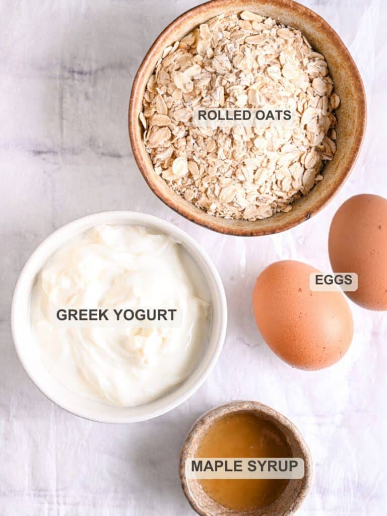 Greek Yogurt Pancake Ingredients - Greek yogurt, eggs, rolled oats, maple syrup
