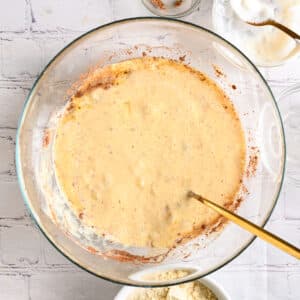 Wet ingredients in a bowl, after mixing.