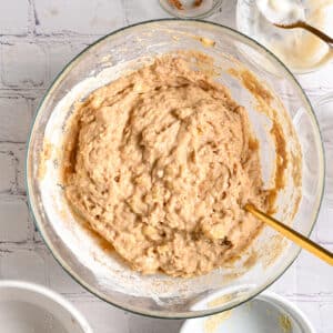 Protein batter after stirring, ready to be scooped into muffin tins.