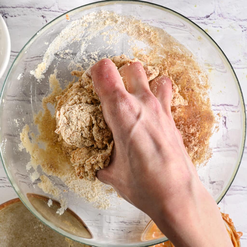 Kneading protein powder dough with the hand until smooth and scoopable into balls.