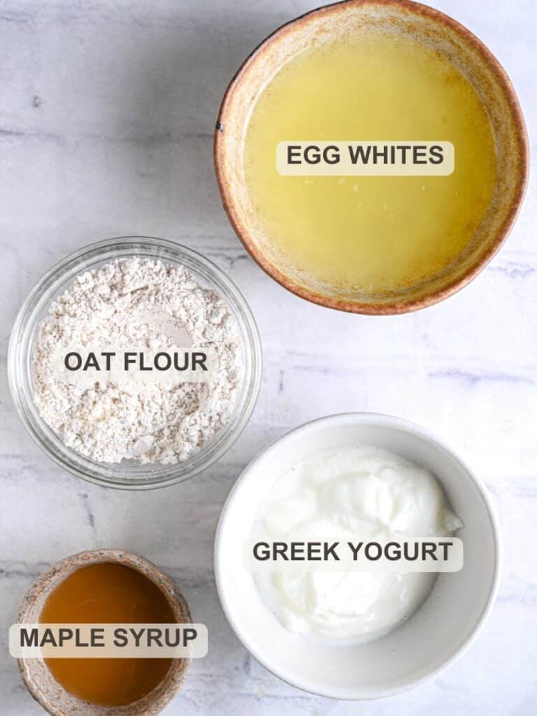 Ingredients For Egg White Pancakes - liquid egg whites, oat flour, Greek yogurt and maple syrup