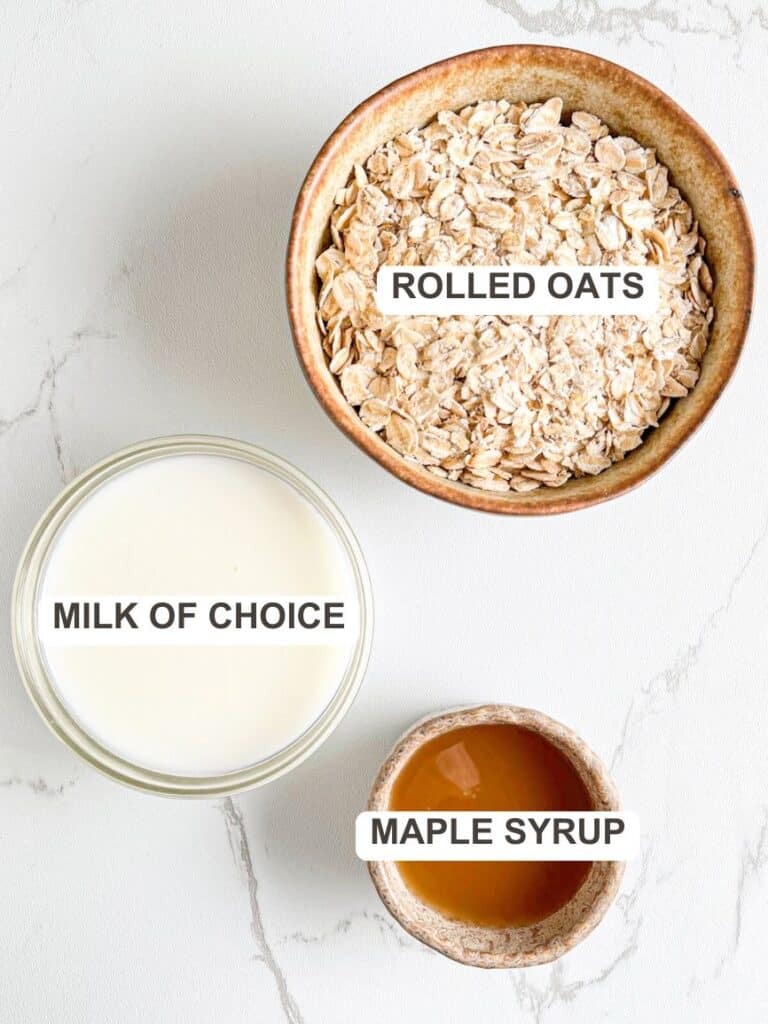 Basic overnight oats recipe ingredients &ndash; old fashioned rolled oats, milk of choice, pinch of salt and maple syrup