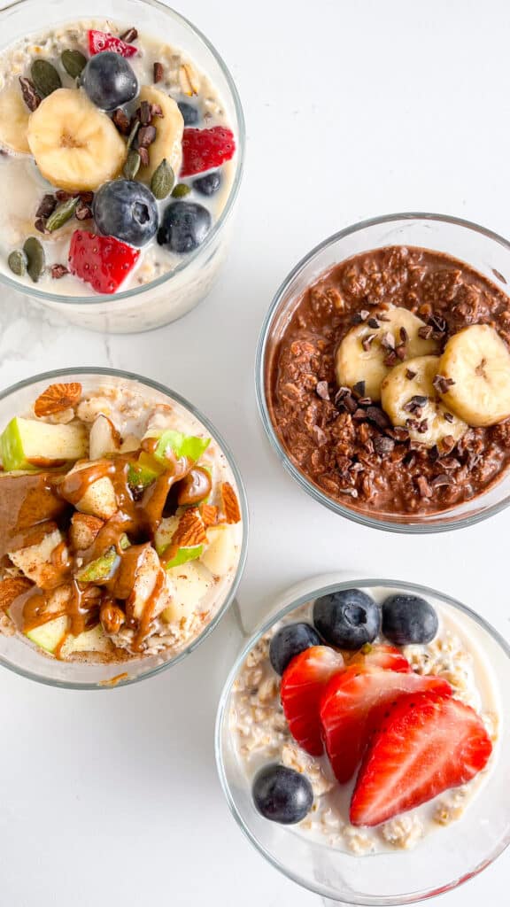 Overnight oats ideas - chocolate, apple cinnamon, vanilla strawberry, banana and blueberries