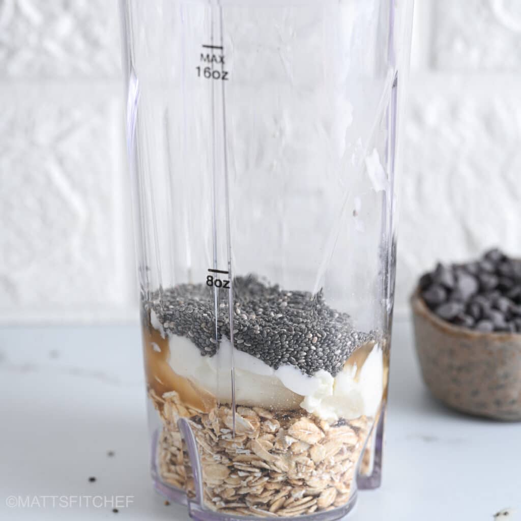 Rolled oats, Greek yogurt, maple syrup and optional chia seeds in a bullet blender