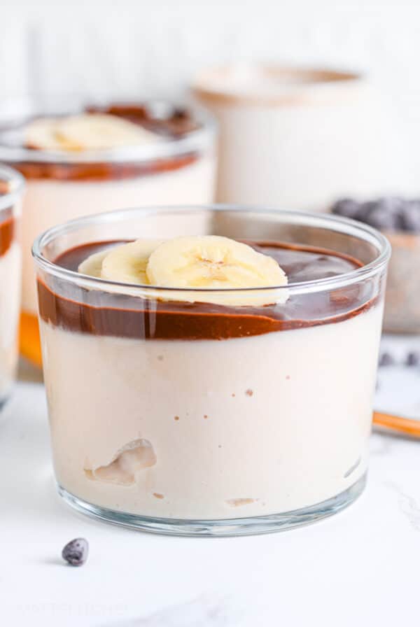 High protein overnight blended oats with chocolate and banana on top