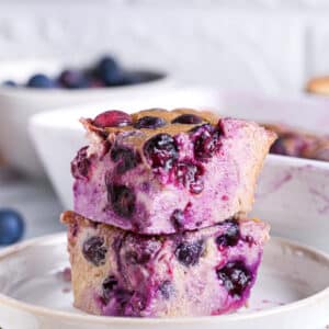 Stack of 2 blueberries cottage cheese breakfast bake slices