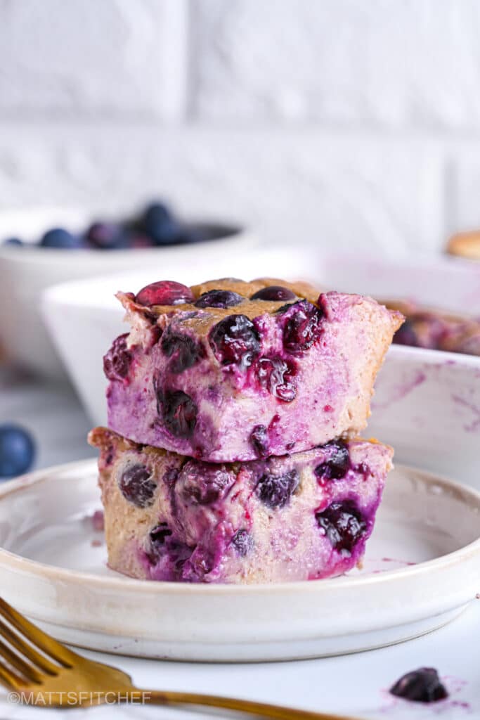 Stack of 2 blueberries cottage cheese breakfast bake slices