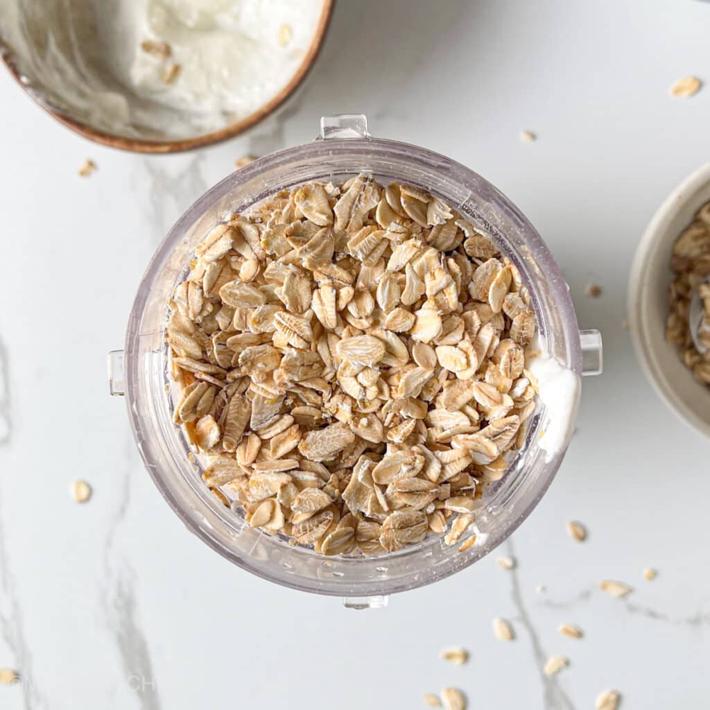 Rolled oats added to blender, together with wet ingredients