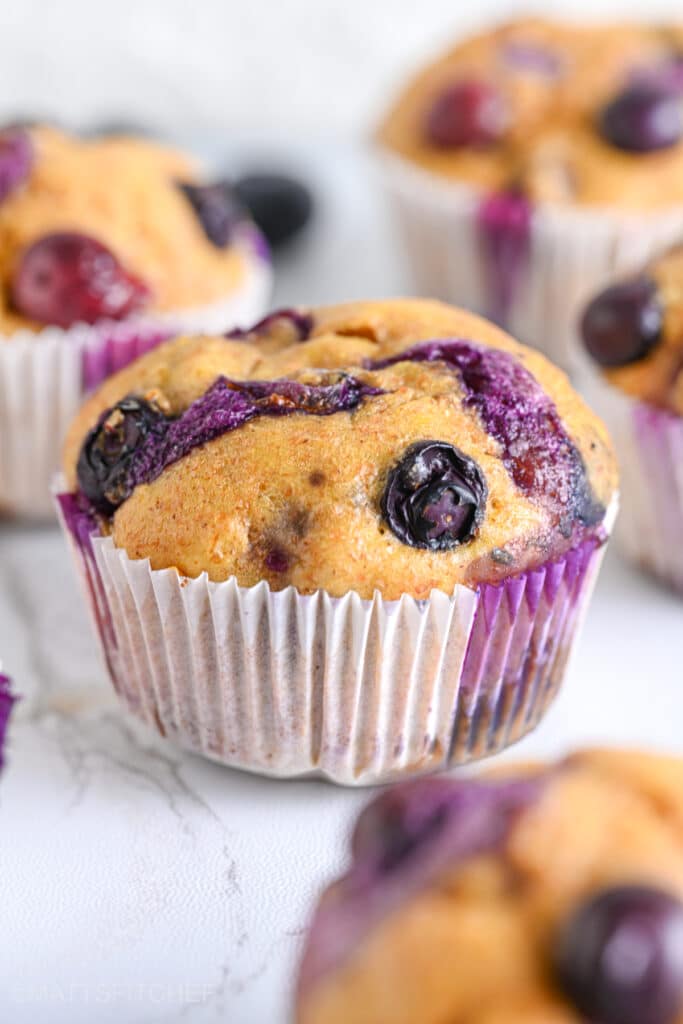 High protein cottage cheese muffin with blueberries in the foreground, surrounded by moist muffins in the background. The picture highlights the juiciness and moisture of fresh blueberries.