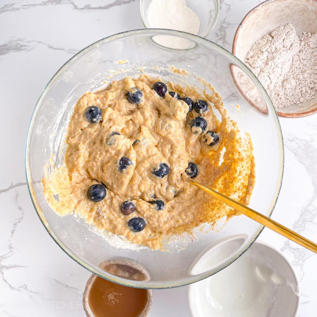 Protein batter made with cottage cheese, after folding in fresh blueberries