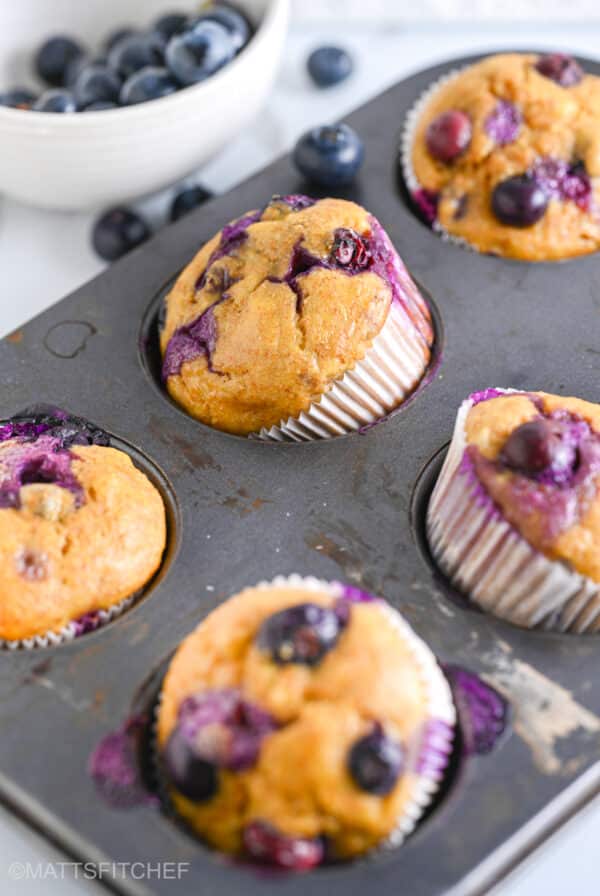 Close up of high protein cottage cheese muffins with juicy blueberries, bursting with flavors and juiciness.