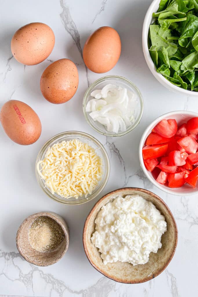 Cottage Cheese Egg Bites Ingredients – eggs, cottage cheese, shredded cheese, chopped spinach, sliced onion, diced tomatoes, seasonings