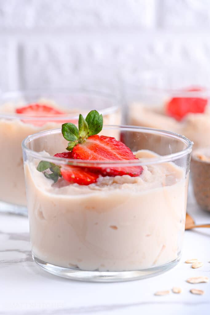 Front view of strawberry blended overnight oats