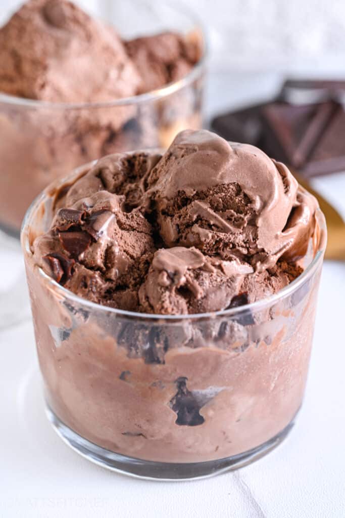 Homemade protein ice cream served in a glass after blending. The picture highlights its creamy texture and soft serve consistency, perfect as a macro-friendly high protein treat for Summer