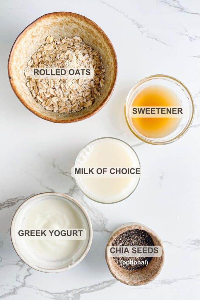 Ingredients In Low Calorie Overnight Oats &ndash; Rolled oats, milk of choice, Greek yogurt, sweetener of choice (sugar-free maple syrup used), and optional chia seeds