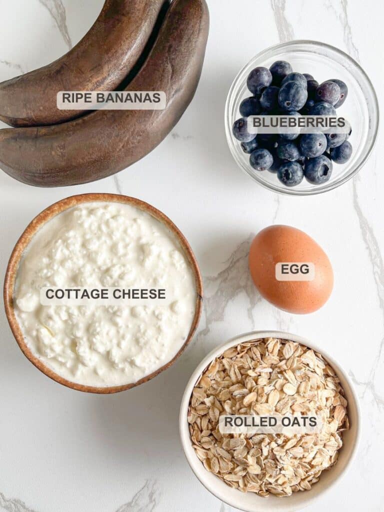 Ingredients for Blueberry Cottage Cheese Breakfast Bake &ndash; Egg, ripe bananas, cottage cheese, rolled oats and blueberries