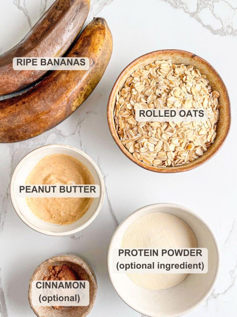 Ingredients in Banana Oat Bars &mdash; Ripe bananas, peanut butter, rolled oats, optional protein powder and optional ground cinnamon