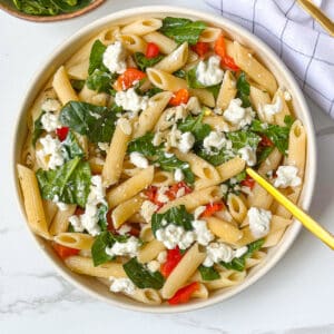 Low Calorie Pasta Salad with vibrant fresh vegetables, creamy cottage cheese, light dressing and flavorful pieces of Italian Parmesan cheese.