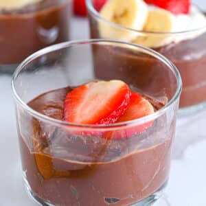 Easy avocado chocolate mousse served in transparent glasses