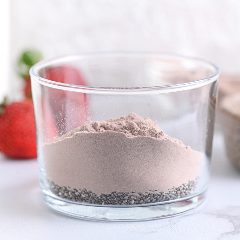 Cocoa powder and chia seeds in a glass